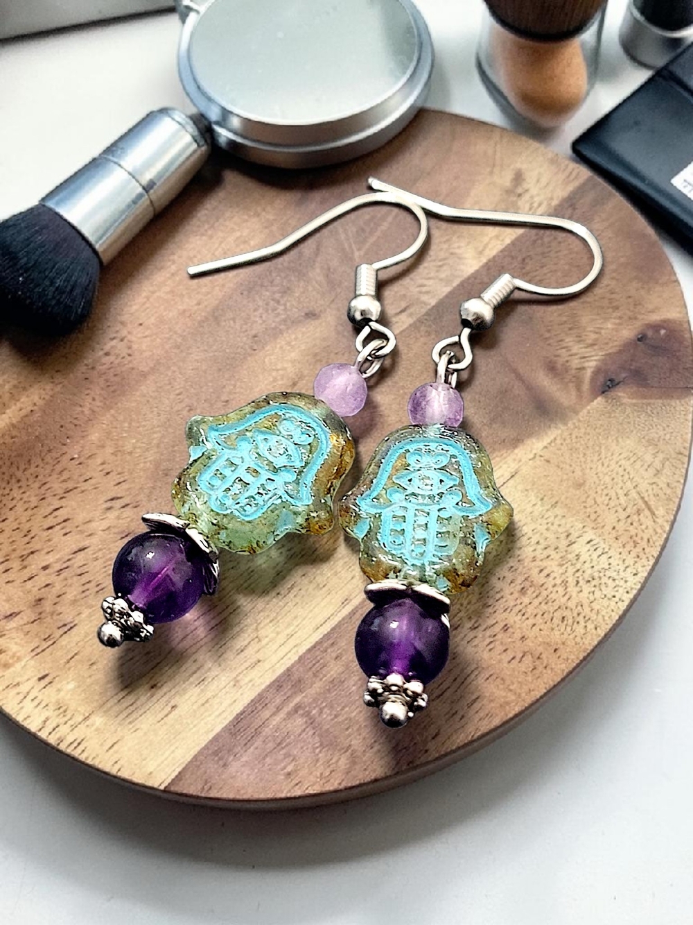 Hand Crafted Turquoise and Purple Czech Glass Hamsa Dangle Amethyst Earrings